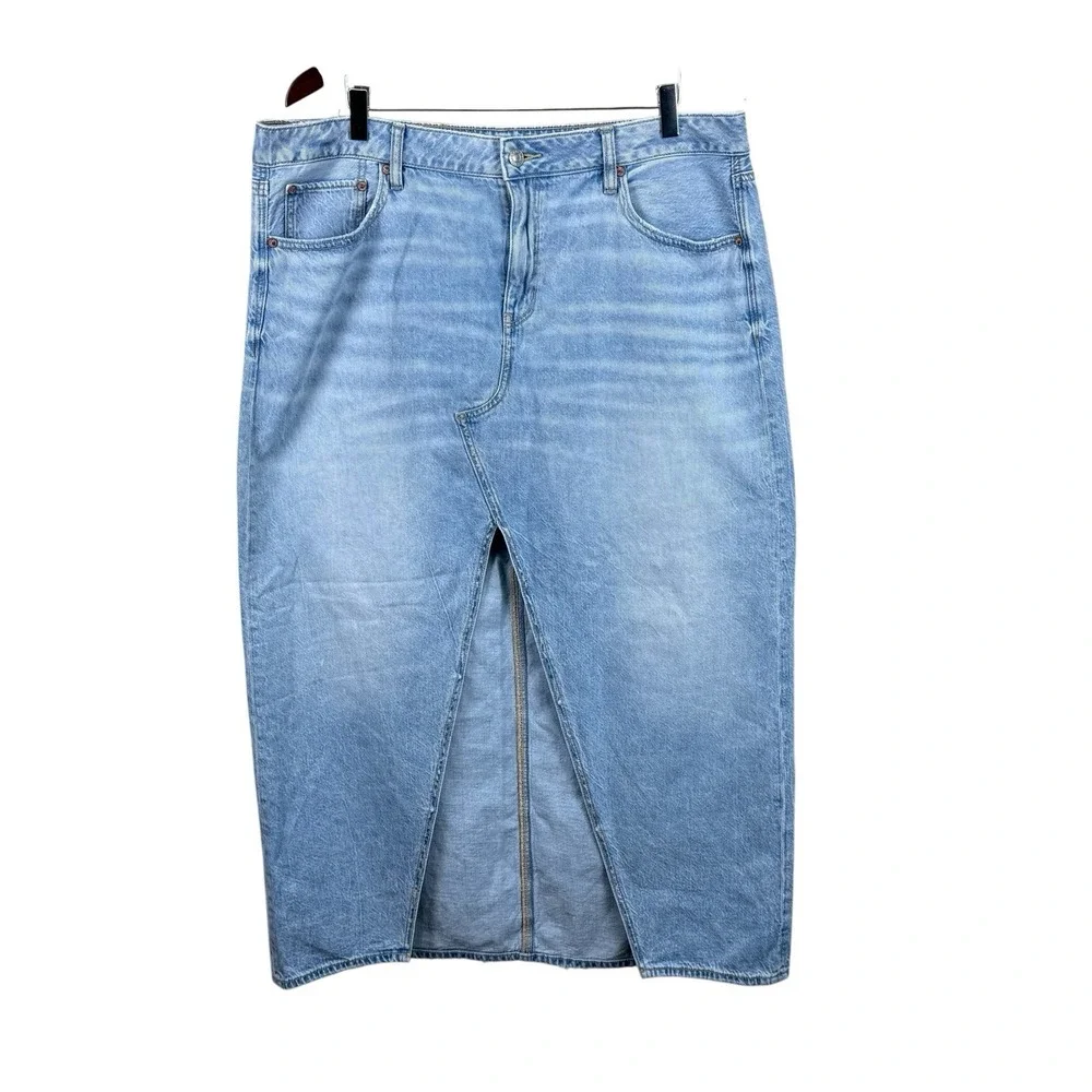 American Eagle Denim Skirt Womens 16‎ Low Rise Maxi Front Split Light Wash